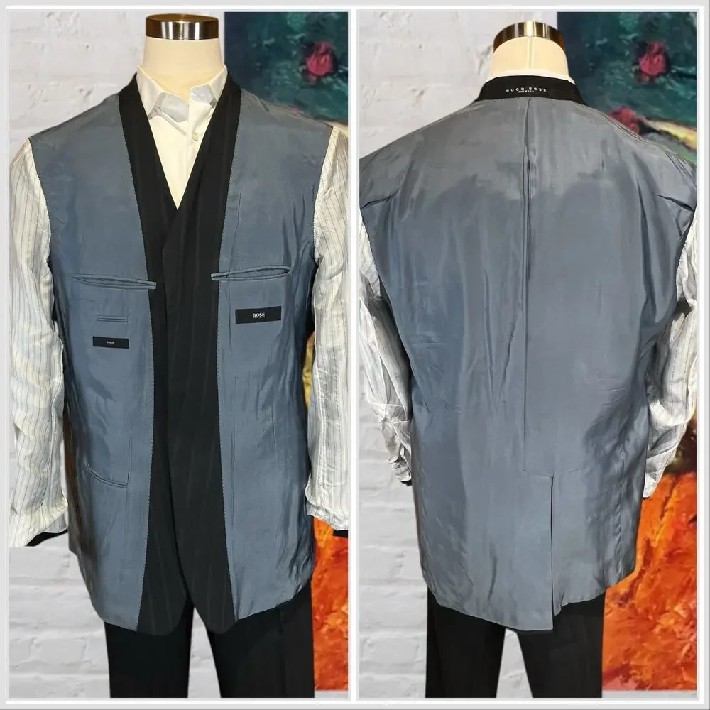 Vtg Boss Hugo Rossellini 48L 41x30 Blue with Ghost Banker's Stripe Suit 3/2 Roll